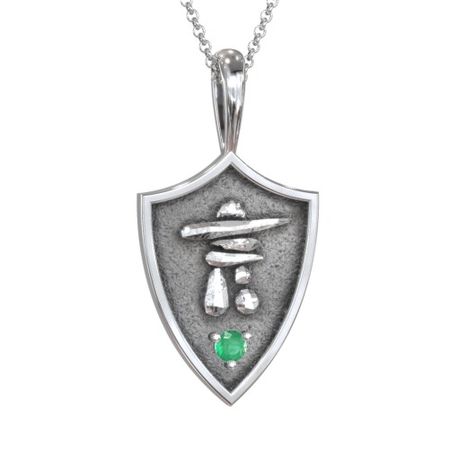 Inukshuk Hero Shield Pendant with Gemstone – Sterling Silver with Emerald