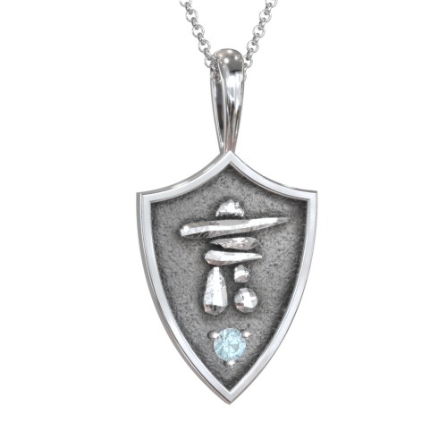 Inukshuk Hero Shield Pendant with Gemstone – Sterling Silver with Blue Topaz