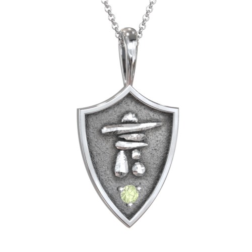 Inukshuk Hero Shield Pendant with Gemstone – Sterling Silver with Peridot