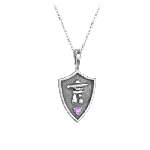 Inukshuk Hero Shield Pendant with Gemstone – Sterling Silver with Amethyst