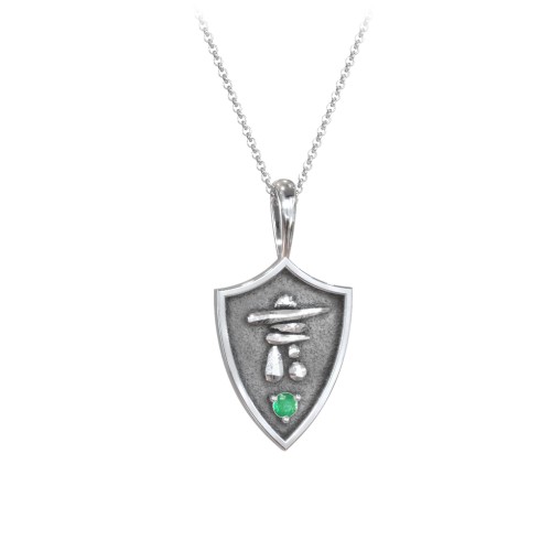 Inukshuk Hero Shield Pendant with Gemstone – Sterling Silver with Emerald