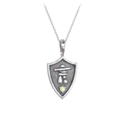 Inukshuk Hero Shield Pendant with Gemstone – Sterling Silver with Peridot