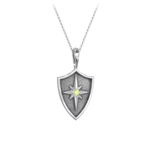 Starburst Hero Shield Pendant with Gemstone – Sterling Silver with Peridot