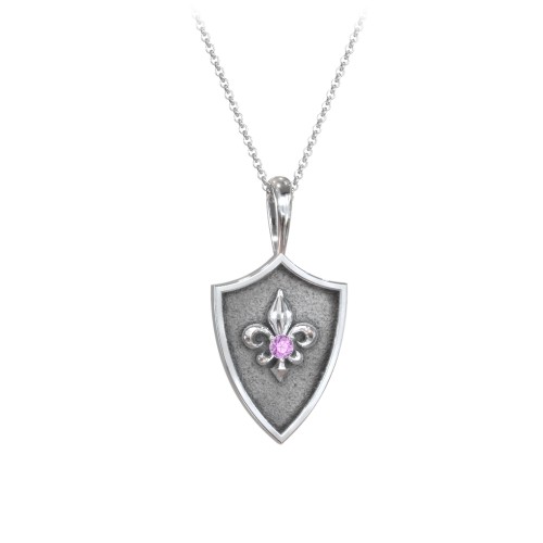 Fleur-de-lis Hero Shield Pendant with Gemstone – Sterling Silver with Amethyst