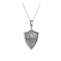 Fleur-de-lis Hero Shield Pendant with Gemstone in 925 Sterling Silver with Garnet
