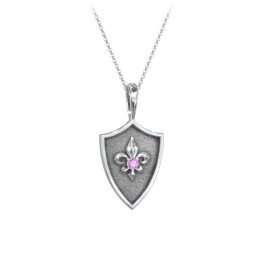 Fleur-de-lis Hero Shield Pendant with Gemstone in 925 Sterling Silver with Amethyst