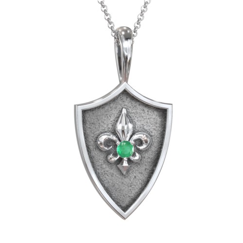 Fleur-de-lis Hero Shield Pendant with Gemstone – Sterling Silver with Emerald