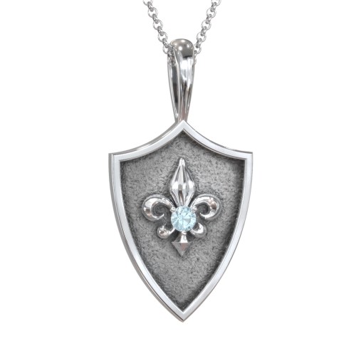 Fleur-de-lis Hero Shield Pendant with Gemstone – Sterling Silver with Blue Topaz