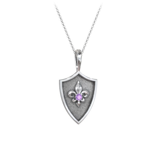 Fleur-de-lis Hero Shield Pendant with Gemstone – Sterling Silver with Amethyst