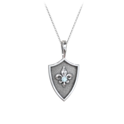 Fleur-de-lis Hero Shield Pendant with Gemstone – Sterling Silver with Blue Topaz