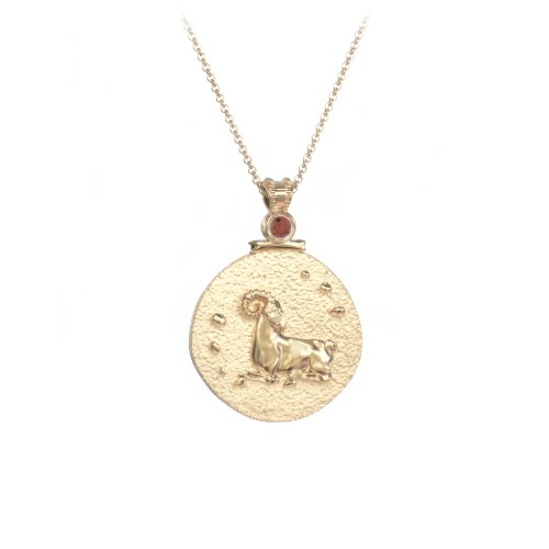 Engravable Aries Zodiac Medallion With Accent – 18K Gold Plated Silver with Garnet
