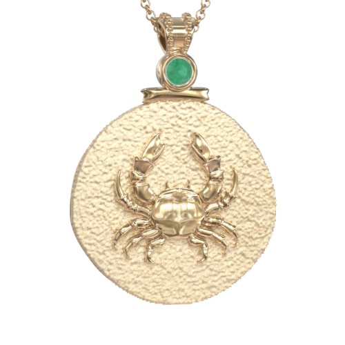 Engravable Cancer Zodiac Medallion With Accent – 18K Gold Plated Silver with Emerald