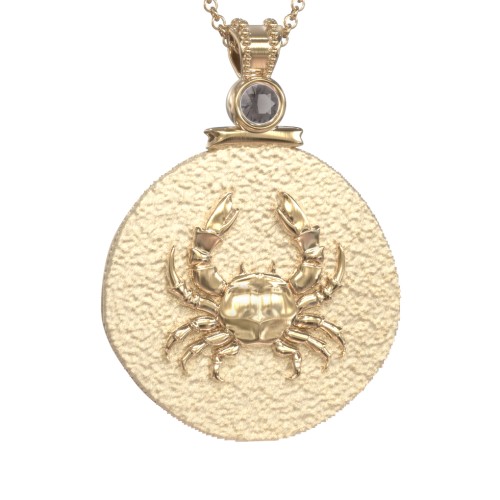 Engravable Cancer Zodiac Medallion With Accent – 18K Gold Plated Silver with Smokey Quartz