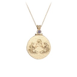 Engravable Gemini Zodiac Medallion With Accent in 18K Gold Plated Silver with Alexandrite
