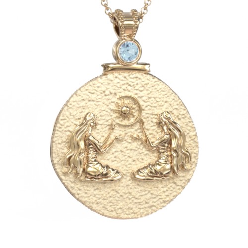 Engravable Gemini Zodiac Medallion With Accent – 18K Gold Plated Silver with Blue Topaz