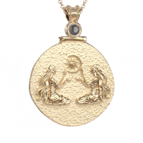Engravable Gemini Zodiac Medallion With Accent – 18K Gold Plated Silver with Smokey Quartz