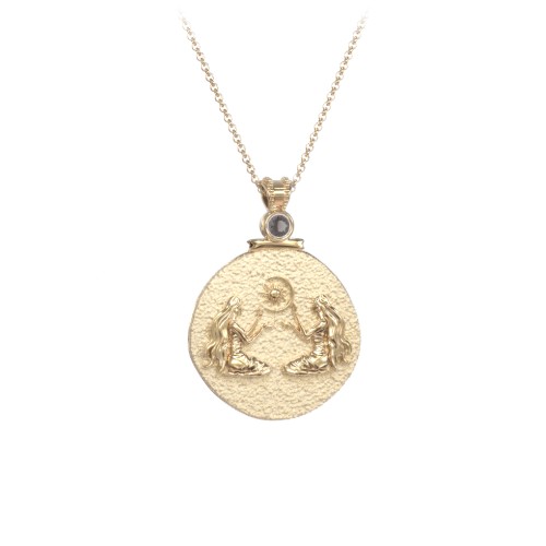 Engravable Gemini Zodiac Medallion With Accent – 18K Gold Plated Silver with Smokey Quartz