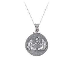 Engravable Gemini Zodiac Medallion With Accent in 925 Sterling Silver with Smokey Quartz