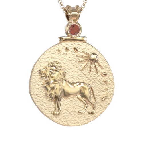 Engravable Leo Zodiac Medallion With Accent – 18K Gold Plated Silver with Garnet