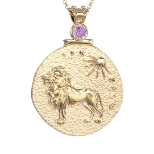 Engravable Leo Zodiac Medallion With Accent – 18K Gold Plated Silver with Amethyst