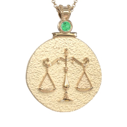 Engravable Libra Zodiac Medallion With Accent – 18K Gold Plated Silver with Emerald