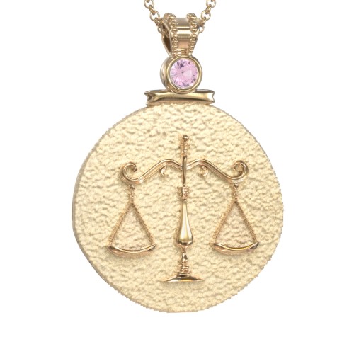 Engravable Libra Zodiac Medallion With Accent – 18K Gold Plated Silver with Pink Tourmaline