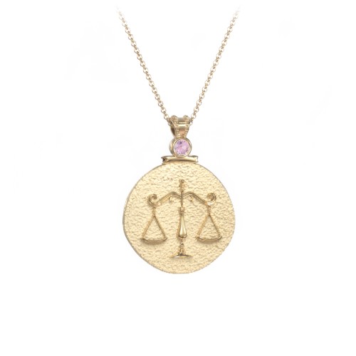 Engravable Libra Zodiac Medallion With Accent – 18K Gold Plated Silver with Pink Tourmaline