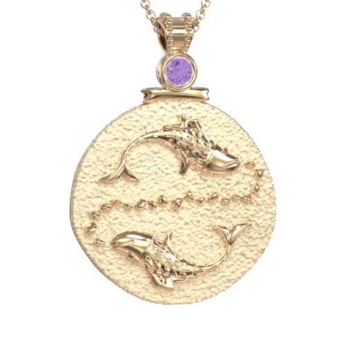 Engravable Pisces Zodiac Medallion With Accent – 18K Gold Plated Silver with Amethyst