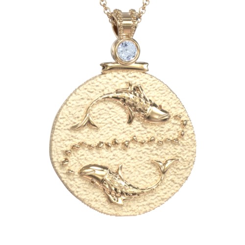 Engravable Pisces Zodiac Medallion With Accent – 18K Gold Plated Silver with Aquamarine