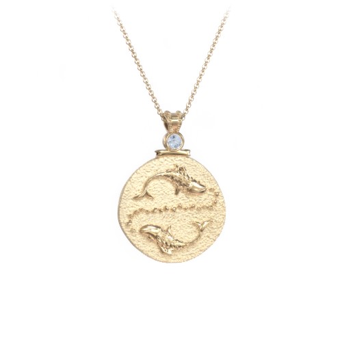 Engravable Pisces Zodiac Medallion With Accent – 18K Gold Plated Silver with Aquamarine