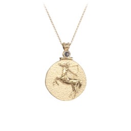 Engravable Sagittarius Zodiac Medallion Necklace in 18K Gold Plated Silver with Smokey Quartz