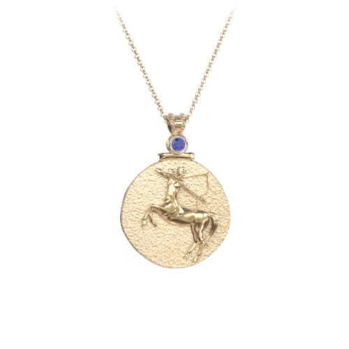 Engravable Sagittarius Zodiac Medallion Necklace – 18K Gold Plated Silver with Blue Sapphire