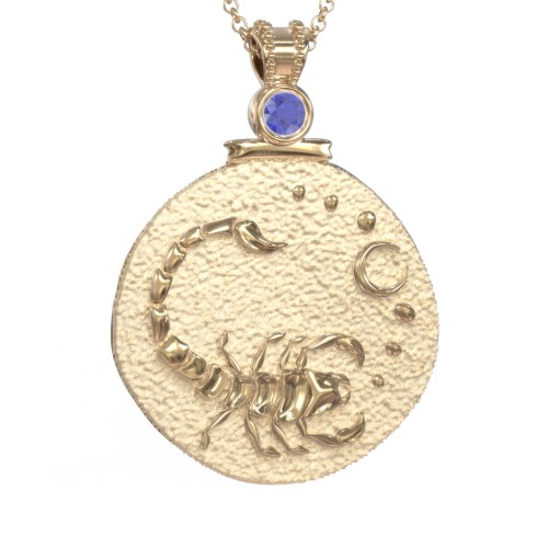 Engravable Scorpio Zodiac Medallion With Accent – 18K Gold Plated Silver with Blue Sapphire