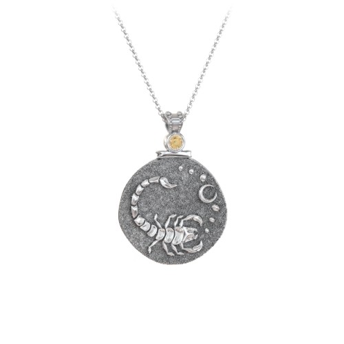 Engravable Scorpio Zodiac Medallion With Accent – Sterling Silver with Citrine