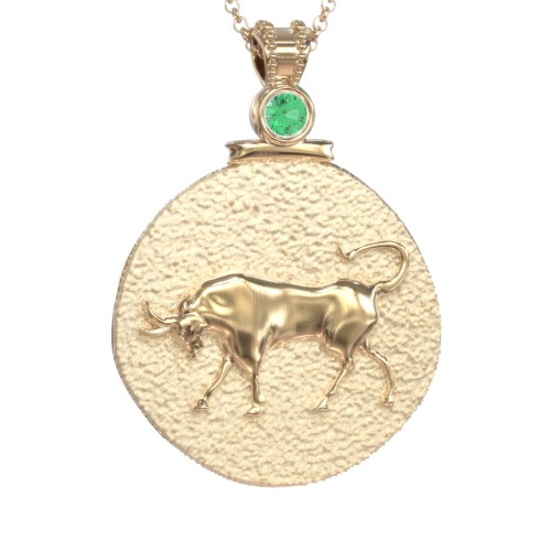 Engravable Taurus Zodiac Medallion With Accent – 18K Gold Plated Silver with Emerald