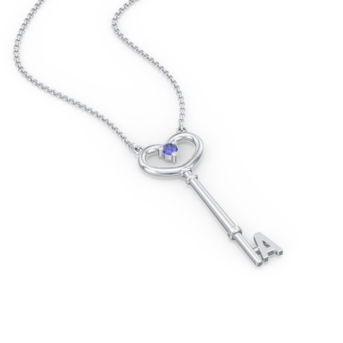 Initial Heart Key Necklace with Gemstone - A