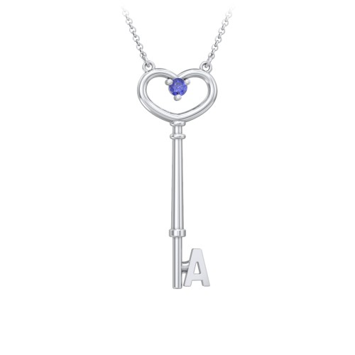 Initial Heart Key Necklace with Gemstone - A