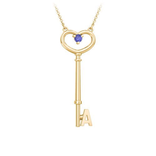 Initial Heart Key Necklace with Gemstone - A – 18K Gold Plated Silver with Blue Sapphire