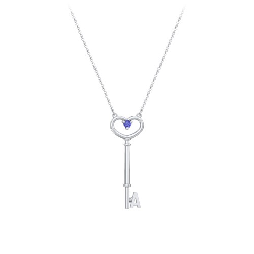 Initial Heart Key Necklace with Gemstone - A – Sterling Silver with Blue Sapphire