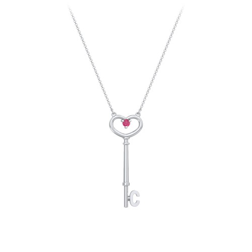 Initial Heart Key Necklace with Gemstone - C