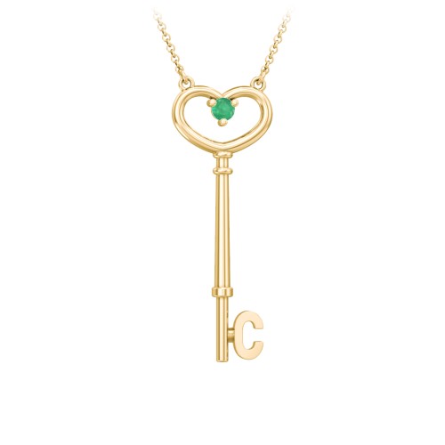 Initial Heart Key Necklace with Gemstone - C – 18K Gold Plated Silver with Emerald