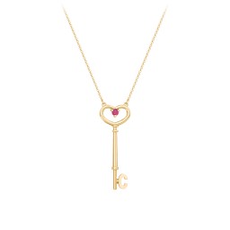 Initial Heart Key Necklace with Gemstone - C in 9K Solid Yellow Gold with Red Premium Zirconia
