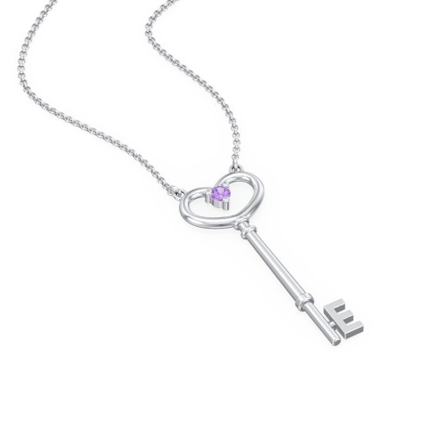 Initial Heart Key Necklace with Gemstone - E