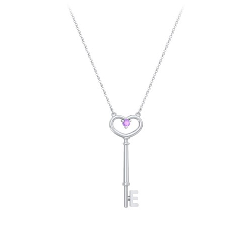 Initial Heart Key Necklace with Gemstone - E