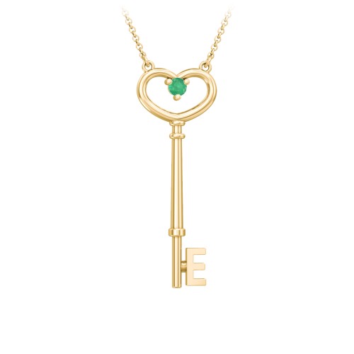 Initial Heart Key Necklace with Gemstone - E – 18K Gold Plated Silver with Emerald