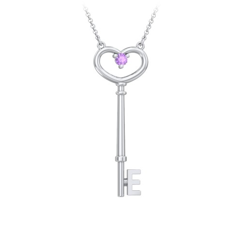Initial Heart Key Necklace with Gemstone - E – Sterling Silver with Amethyst