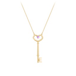 Initial Heart Key Necklace with Gemstone - E in 9K Solid Yellow Gold with Amethyst