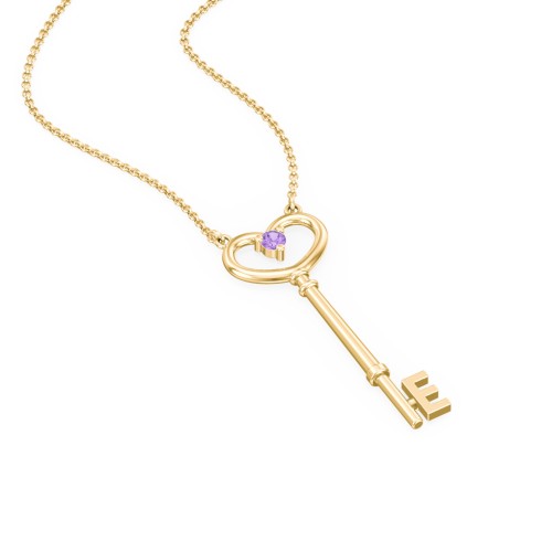 Initial Heart Key Necklace with Gemstone - E – 9kt Yellow Gold with Amethyst