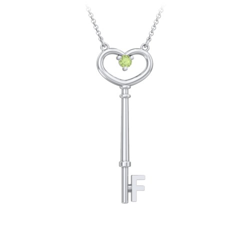 Initial Heart Key Necklace with Gemstone - F