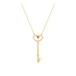 Initial Heart Key Necklace with Gemstone - F in 18K Gold Plated Silver with Garnet